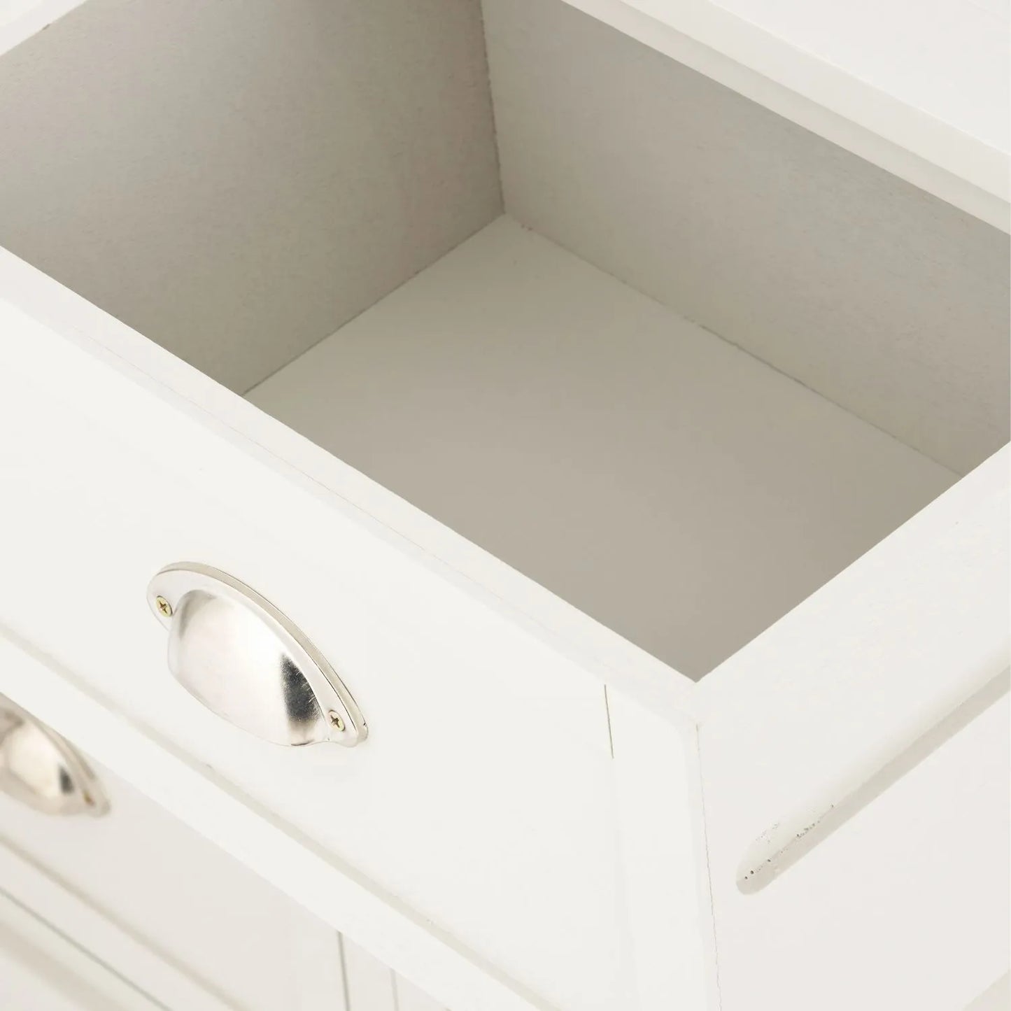 Warm Ivory Pine Wood 6 Drawer Chest of Drawers close-up of top right open drawer with Polished Silver Cup Handle 70x76x33cm | Click Style