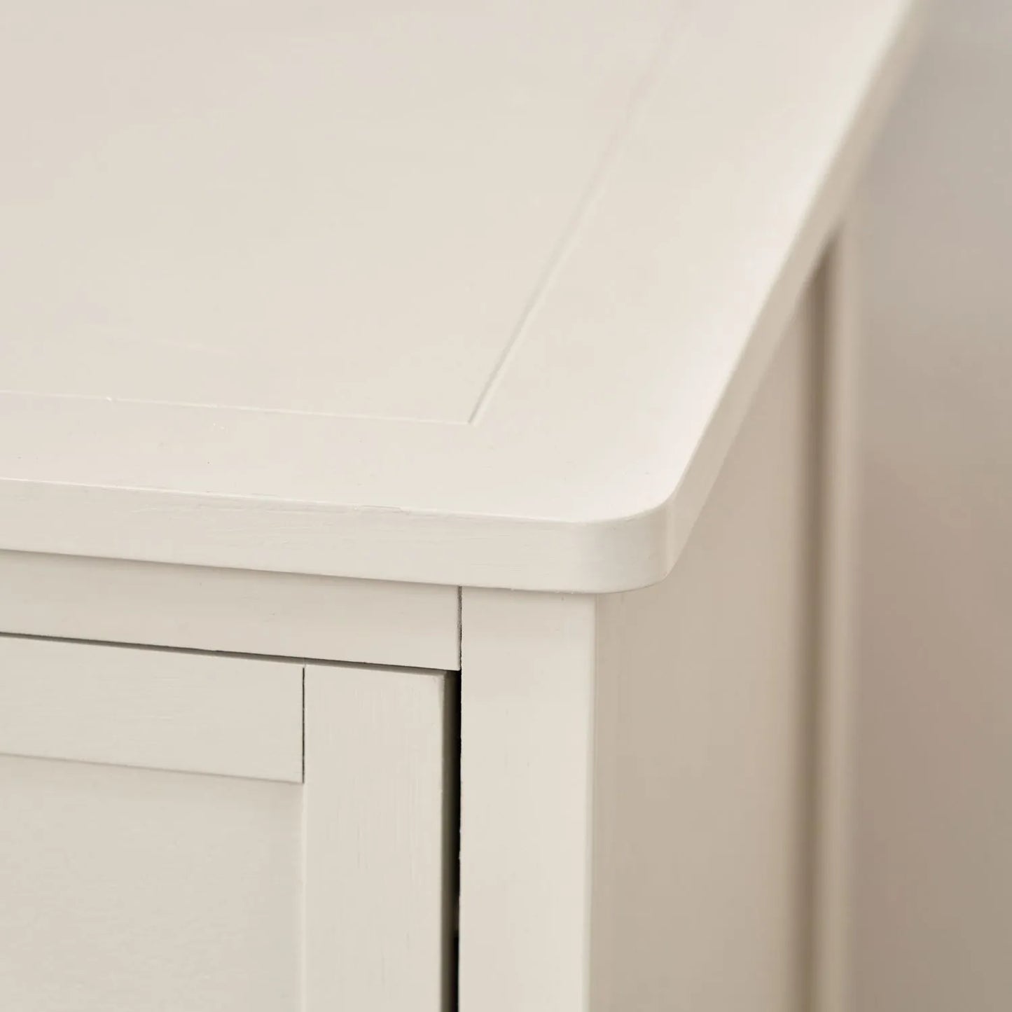 Warm Ivory Pine Wood 6 Drawer Chest of Drawers close-up of top right corner and curved edge detail 70x76x33cm | Click Style