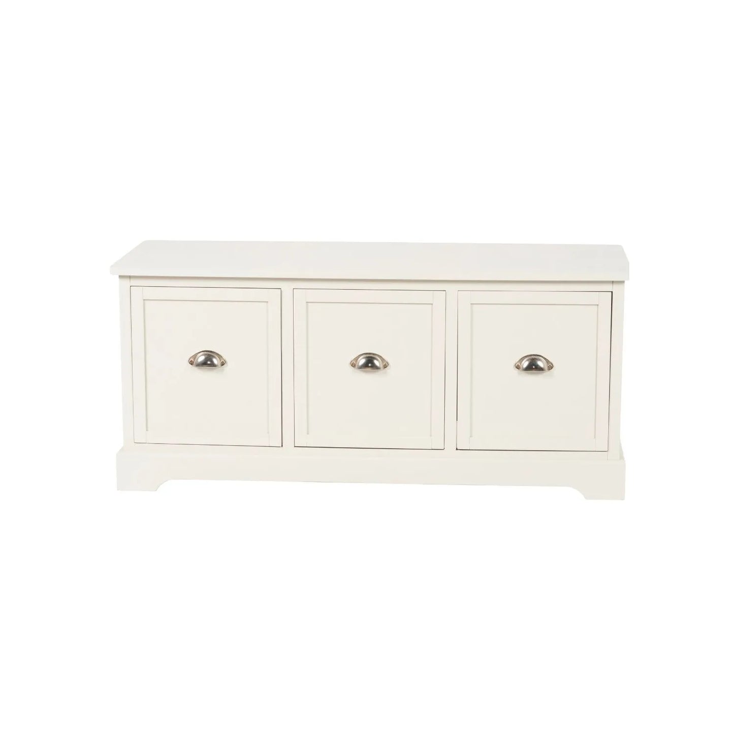 Warm Ivory Pine Wood Low 3 Drawer Storage Unit with Polished Silver Cup Handles front view 48x107x39cm | Click Style