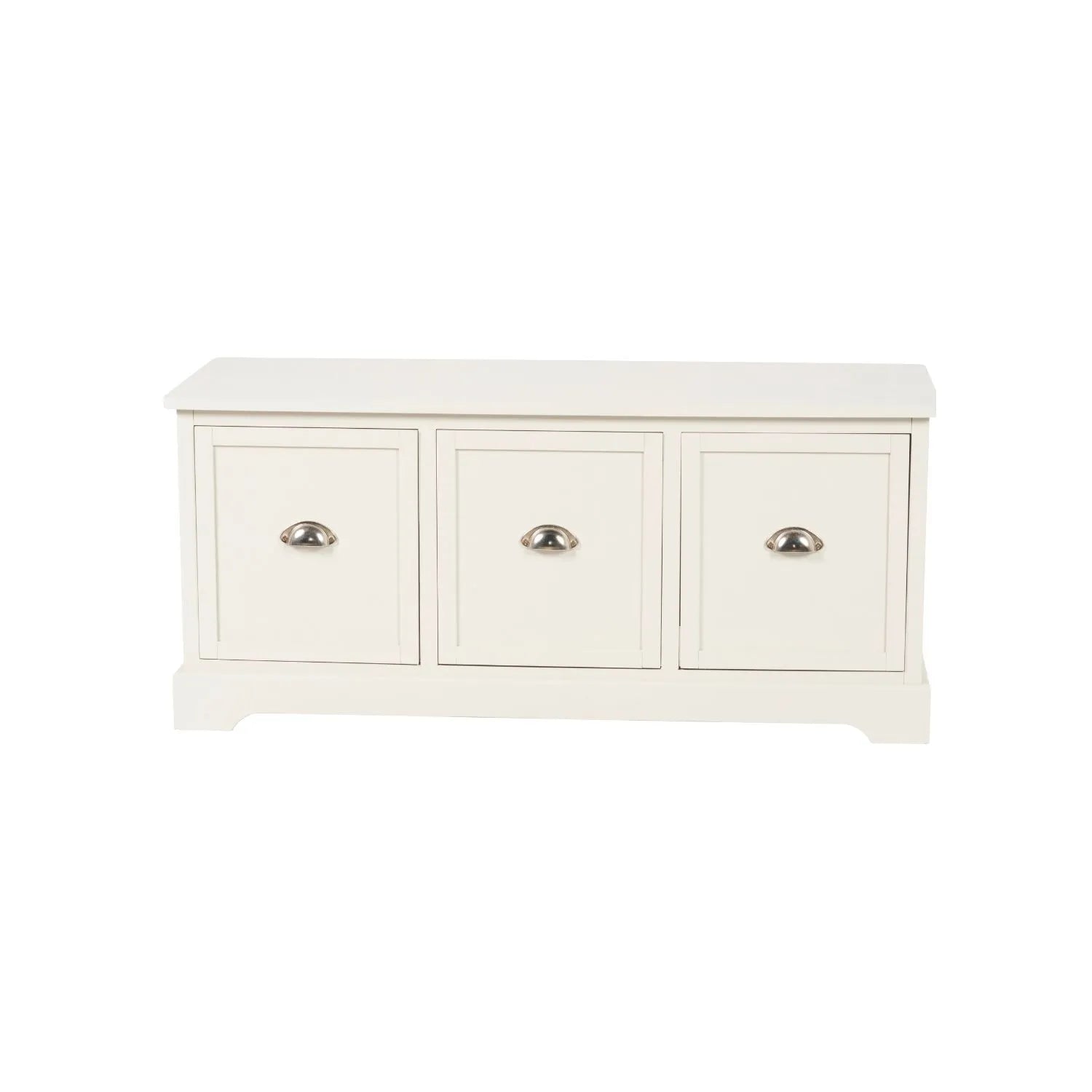 Warm Ivory Pine Wood Low 3 Drawer Storage Unit with Polished Silver Cup Handles front view 48x107x39cm | Click Style
