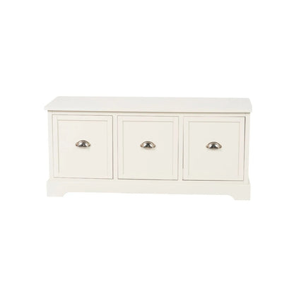 Warm Ivory Pine Wood Low 3 Drawer Storage Unit with Polished Silver Cup Handles front view 48x107x39cm | Click Style