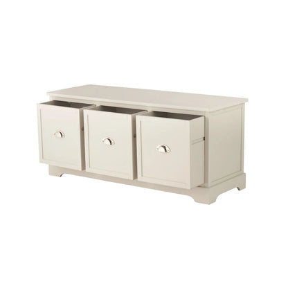Warm Ivory Pine Wood Low 3 Drawer Storage Unit with Polished Silver Cup Handles angled left with all three drawers open 48x107x39cm | Click Style