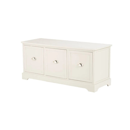 Warm Ivory Pine Wood Low 3 Drawer Storage Unit with Polished Silver Cup Handles angled left showing front and side 48x107x39cm | Click Style