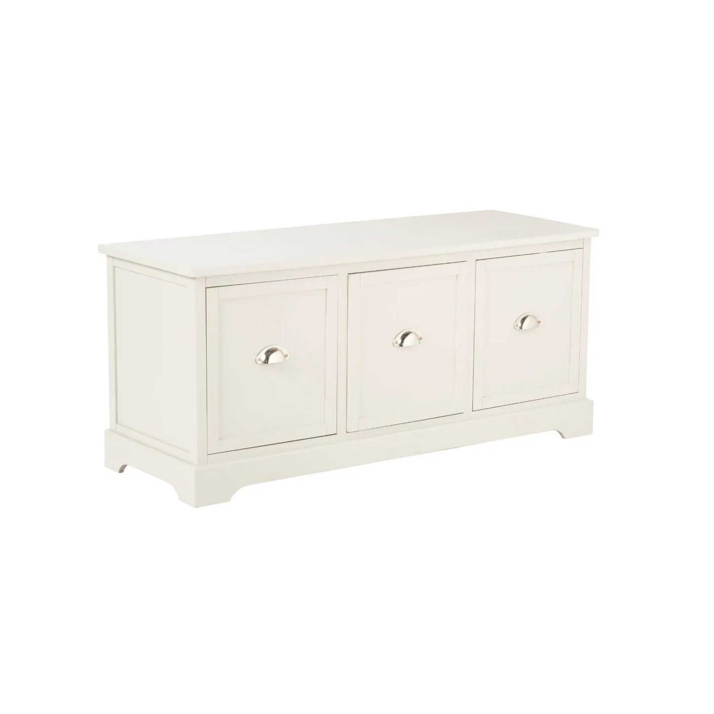 Warm Ivory Pine Wood Low 3 Drawer Storage Unit with Polished Silver Cup Handles angled right showing front and side 48x107x39cm | Click Style