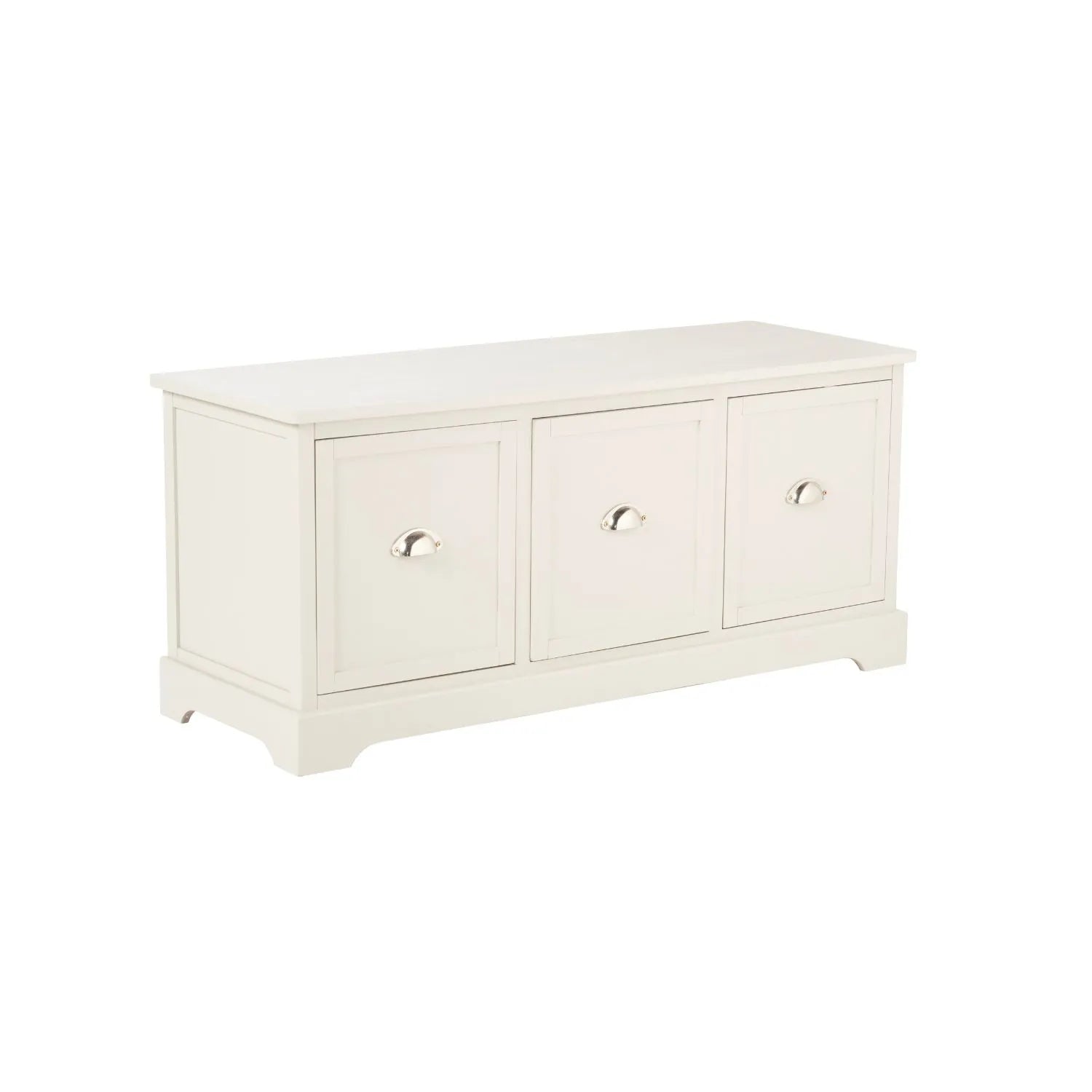Warm Ivory Pine Wood Low 3 Drawer Storage Unit with Polished Silver Cup Handles angled right showing front and side 48x107x39cm | Click Style