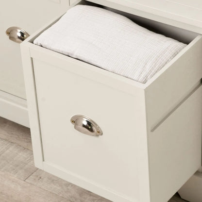 Warm Ivory Pine Wood Low 3 Drawer Storage Unit with Polished Silver Cup Handles close-up of bottom right with third drawer open filled with bedding 48x107x39cm | Click Style