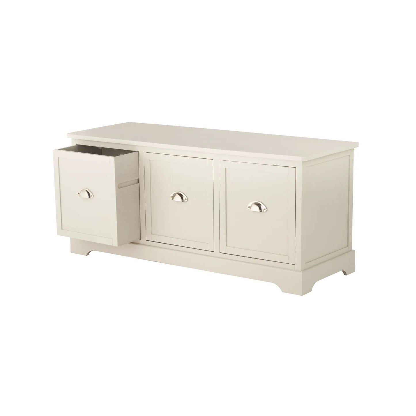 Warm Ivory Pine Wood Low 3 Drawer Storage Unit with Polished Silver Cup Handles angled left with one drawer open 48x107x39cm | Click Style