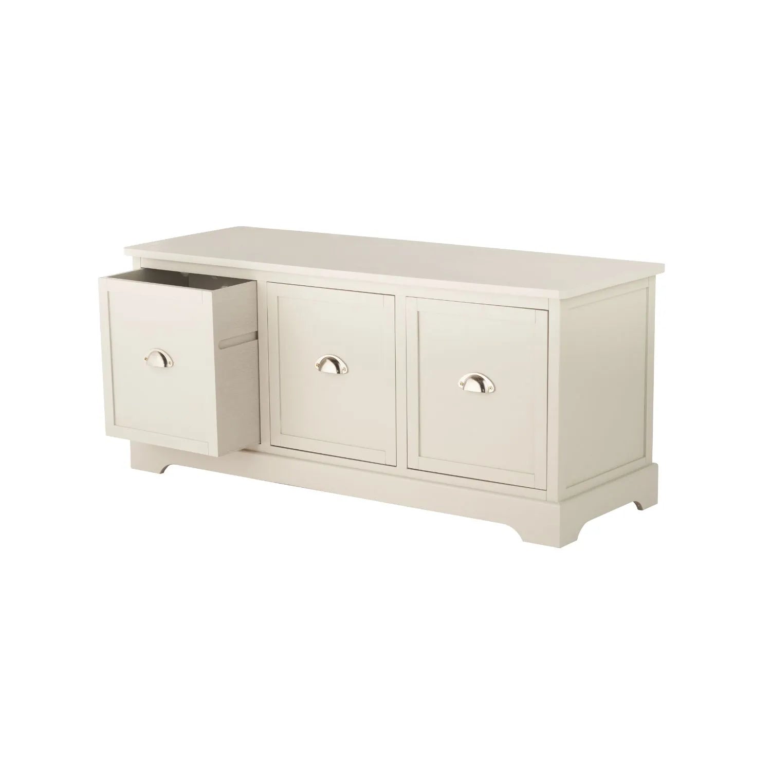 Warm Ivory Pine Wood Low 3 Drawer Storage Unit with Polished Silver Cup Handles angled left with one drawer open 48x107x39cm | Click Style