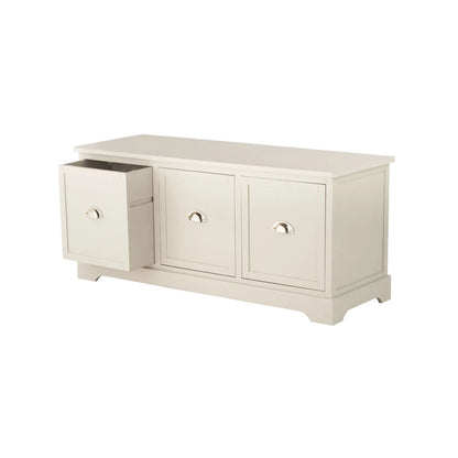 Warm Ivory Pine Wood Low 3 Drawer Storage Unit with Polished Silver Cup Handles angled left with one drawer open 48x107x39cm | Click Style