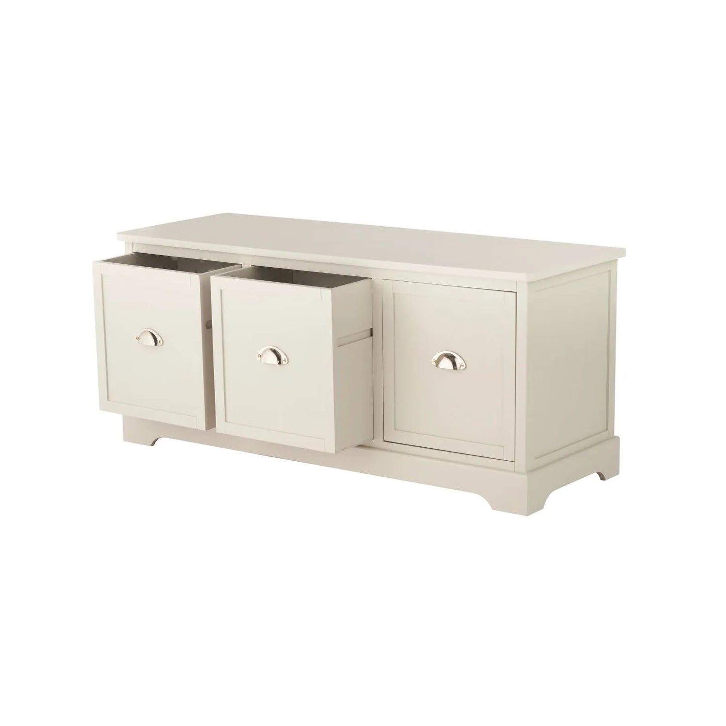 Warm Ivory Pine Wood Low 3 Drawer Storage Unit with Polished Silver Cup Handles angled left with two drawers open 48x107x39cm | Click Style