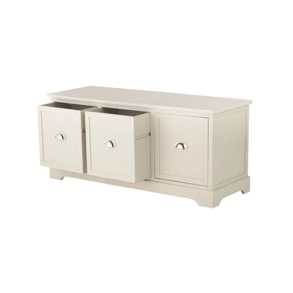 Warm Ivory Pine Wood Low 3 Drawer Storage Unit with Polished Silver Cup Handles angled left with two drawers open 48x107x39cm | Click Style
