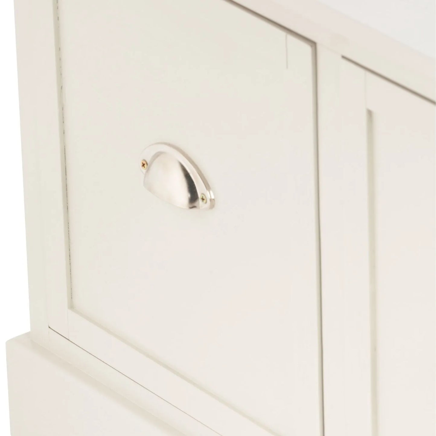 Warm Ivory Pine Wood Low 3 Drawer Storage Unit with Polished Silver Cup Handles angled left close-up of closed drawer, handle and bottom plinth 48x107x39cm | Click Style