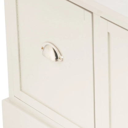 Warm Ivory Pine Wood Low 3 Drawer Storage Unit with Polished Silver Cup Handles angled left close-up of closed drawer, handle and bottom plinth 48x107x39cm | Click Style