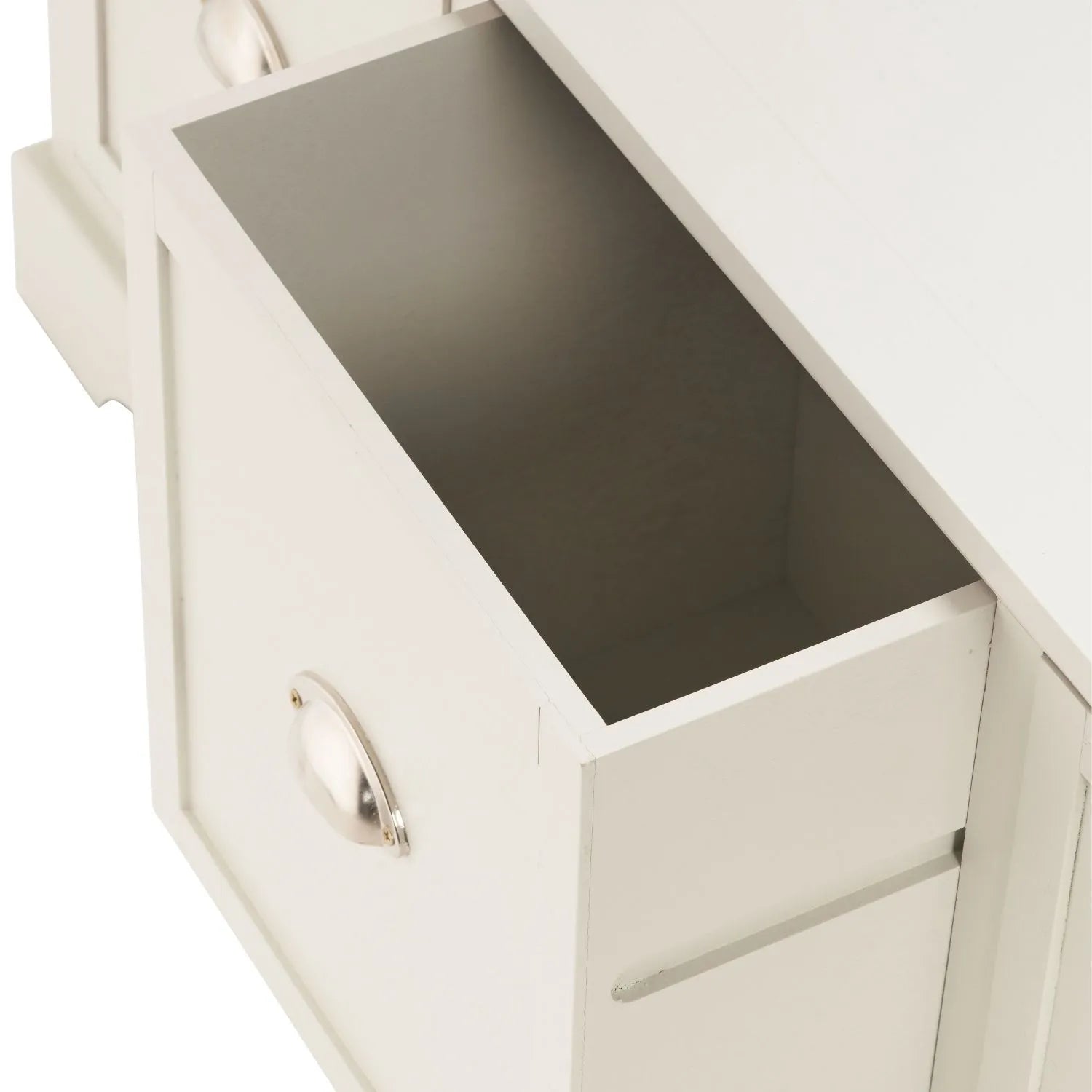Warm Ivory Pine Wood Low 3 Drawer Storage Unit with Polished Silver Cup Handles close-up with middle drawer open showing interior, handle and top 48x107x39cm | Click Style