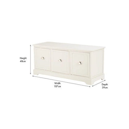 Warm Ivory Pine Wood Low 3 Drawer Storage Unit with Polished Silver Cup Handles angled left showing front, side and dimensions 48x107x39cm | Click Style