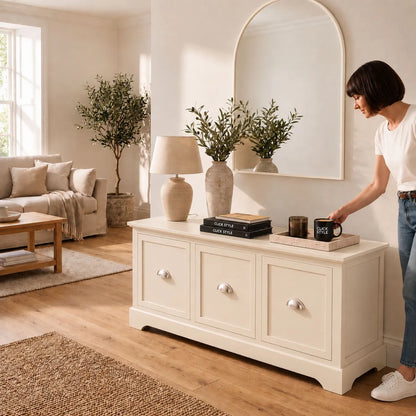 Warm Ivory Pine Wood Low 3 Drawer Storage Unit with Polished Silver Cup Handles styled in a neutral living room with a woman in blue jeans holding a Click Style mug 48x107x39cm | Click Style