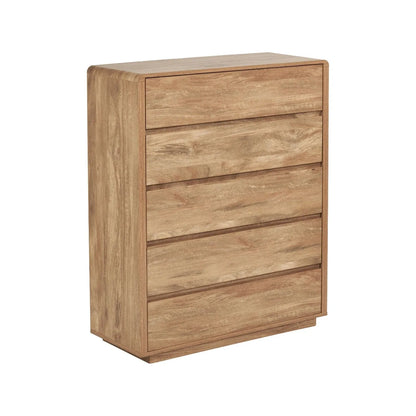 Warm Natural Oak Effect Handleless 5 Drawer Tallboy 116x95x39cm front and side view angled to the right | Click Style