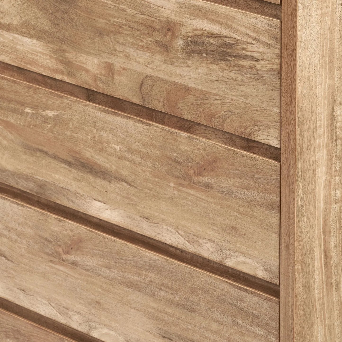 Warm Natural Oak Effect Handleless 5 Drawer Tallboy 116x95x39cm right side and drawer fronts view | Click Style