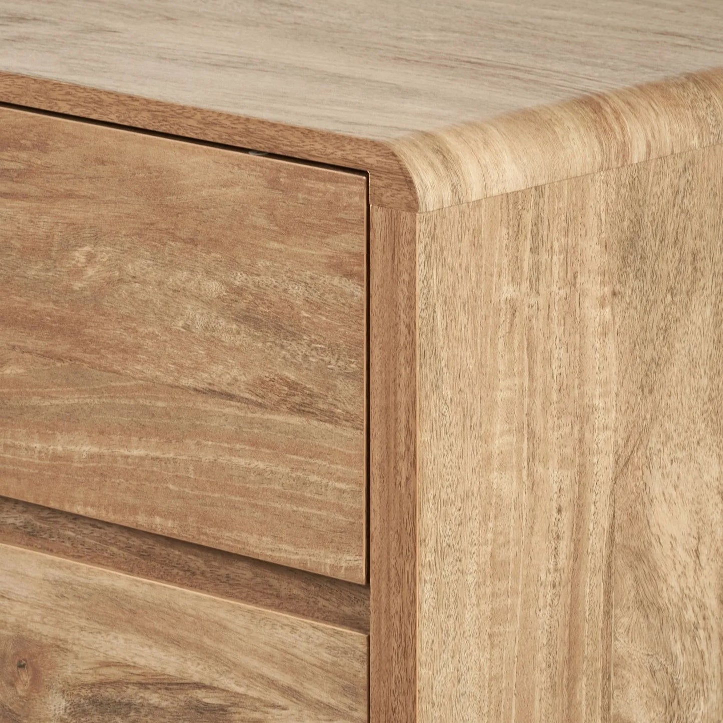 Warm Natural Oak Effect Handleless 5 Drawer Tallboy 116x95x39cm close-up of top right side with curved corner and drawer fronts | Click Style