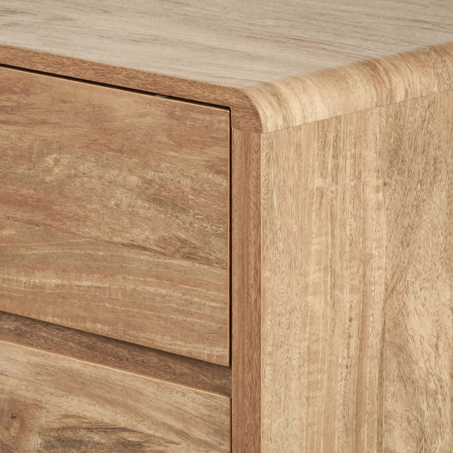 Warm Natural Oak Effect Handleless 5 Drawer Tallboy 116x95x39cm close-up of top right side with curved corner and drawer fronts | Click Style