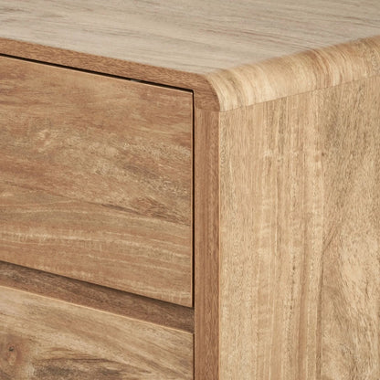 Warm Natural Oak Effect Handleless 5 Drawer Tallboy 116x95x39cm close-up of top right side with curved corner and drawer fronts | Click Style