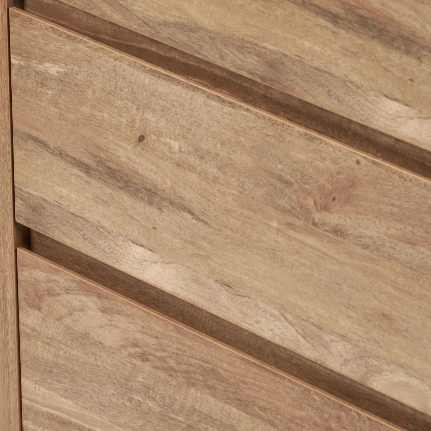 Warm Natural Oak Effect Handleless 5 Drawer Tallboy 116x95x39cm close-up of right side and drawer fronts | Click Style