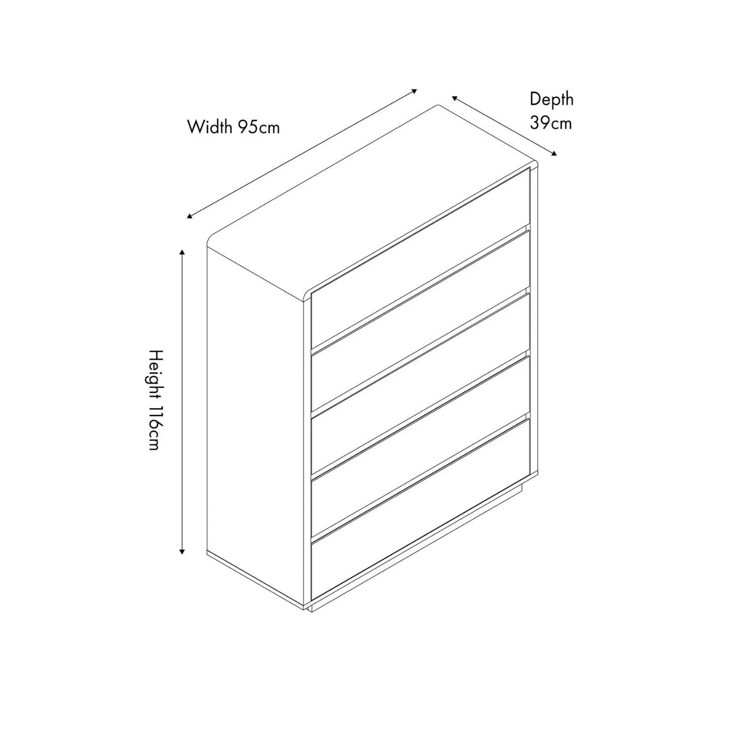 Warm Natural Oak Effect Handleless 5 Drawer Tallboy 116x95x39cm front and side drawing angled to the right with dimensions | Click Style