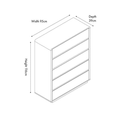 Warm Natural Oak Effect Handleless 5 Drawer Tallboy 116x95x39cm front and side drawing angled to the right with dimensions | Click Style