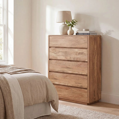 Warm Natural Oak Effect Handleless 5 Drawer Tallboy Chest of Drawers styled in a neutral bedroom | Click Style