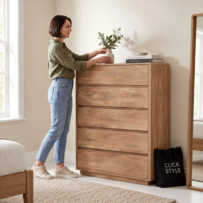 Warm Natural Oak Effect Handleless 5 Drawer Tallboy Chest of Drawers with Abbie styling vase in neutral bedroom | Click Style