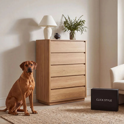 Warm Natural Oak Effect Handleless 5 Drawer Tallboy Chest of Drawers with Brodie in contemporary living room | Click Style
