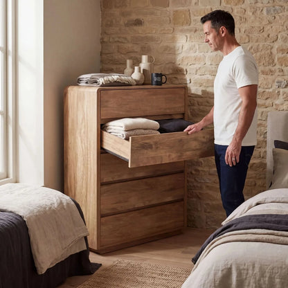 Warm Natural Oak Effect Handleless 5 Drawer Tallboy Chest of Drawers with Damian and open drawer in contemporary bedroom | Click Style