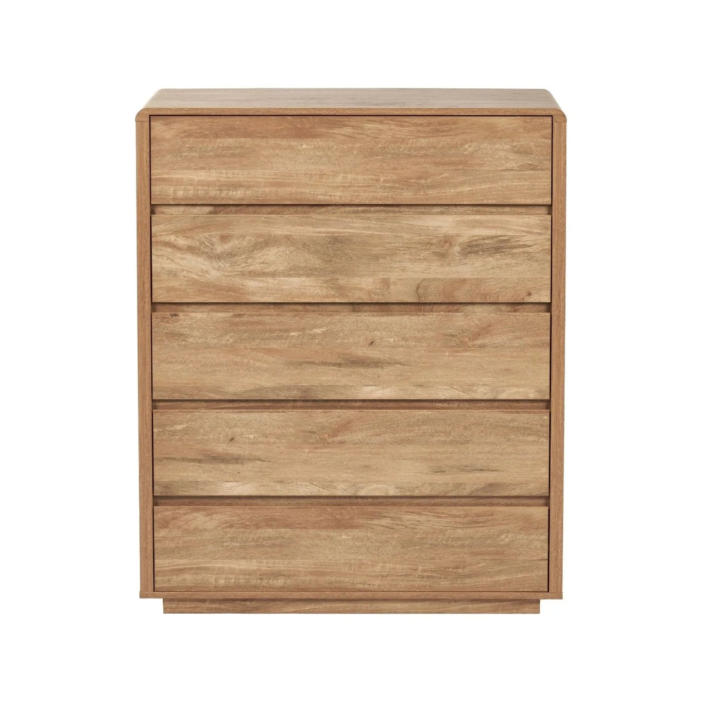 Warm Natural Oak Effect Handleless 5 Drawer Tallboy 116x95x39cm front view | Click Style