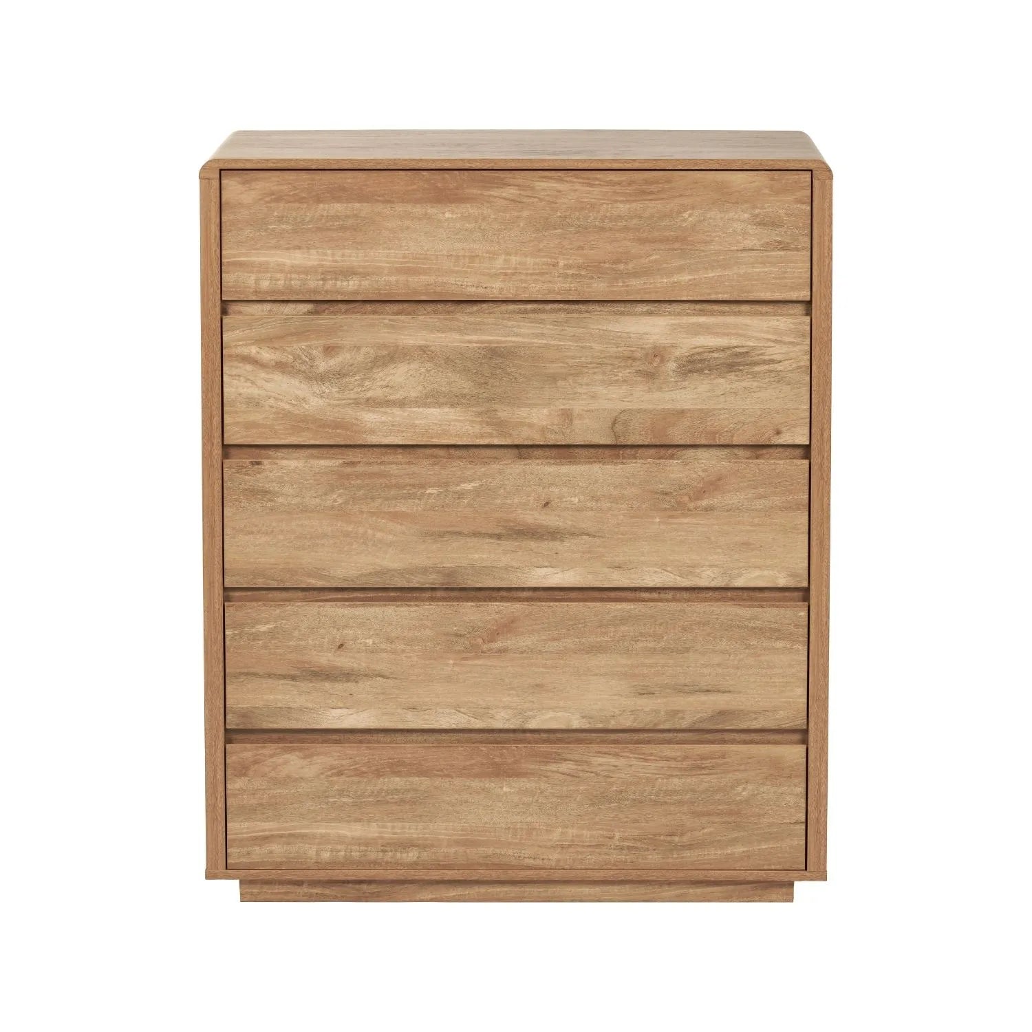 Warm Natural Oak Effect Handleless 5 Drawer Tallboy 116x95x39cm front view | Click Style