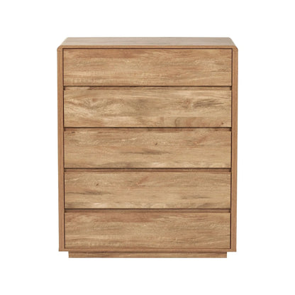Warm Natural Oak Effect Handleless 5 Drawer Tallboy 116x95x39cm front view | Click Style