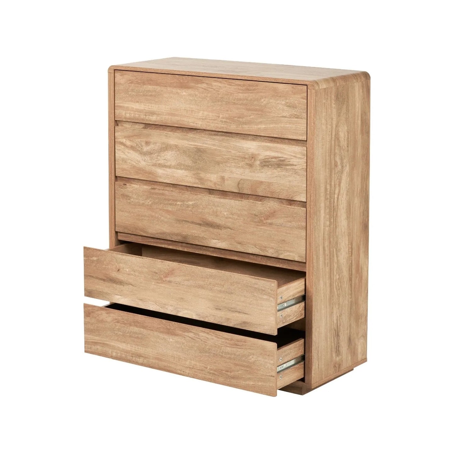 Warm Natural Oak Effect Handleless 5 Drawer Tallboy 116x95x39cm angled to the left with two bottom drawers open | Click Style