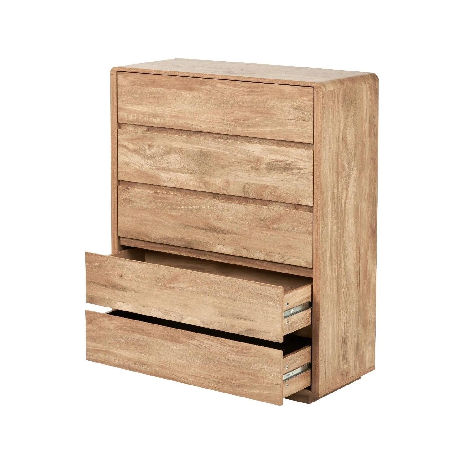 Warm Natural Oak Effect Handleless 5 Drawer Tallboy 116x95x39cm angled to the left with two bottom drawers open | Click Style