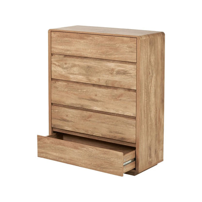 Warm Natural Oak Effect Handleless 5 Drawer Tallboy 116x95x39cm angled to the left with bottom drawer open | Click Style