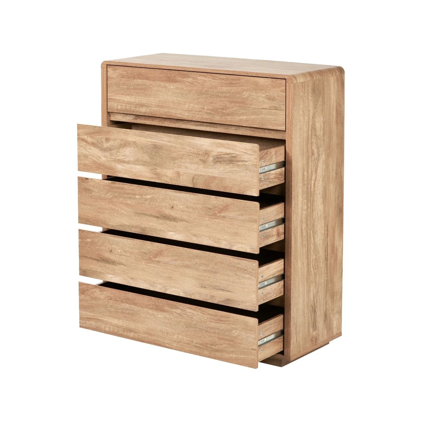 Warm Natural Oak Effect Handleless 5 Drawer Tallboy 116x95x39cm angled to the left with four drawers open | Click Style