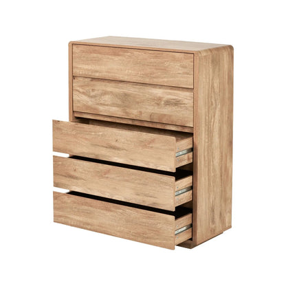 Warm Natural Oak Effect Handleless 5 Drawer Tallboy 116x95x39cm angled to the left with three bottom drawers open | Click Style