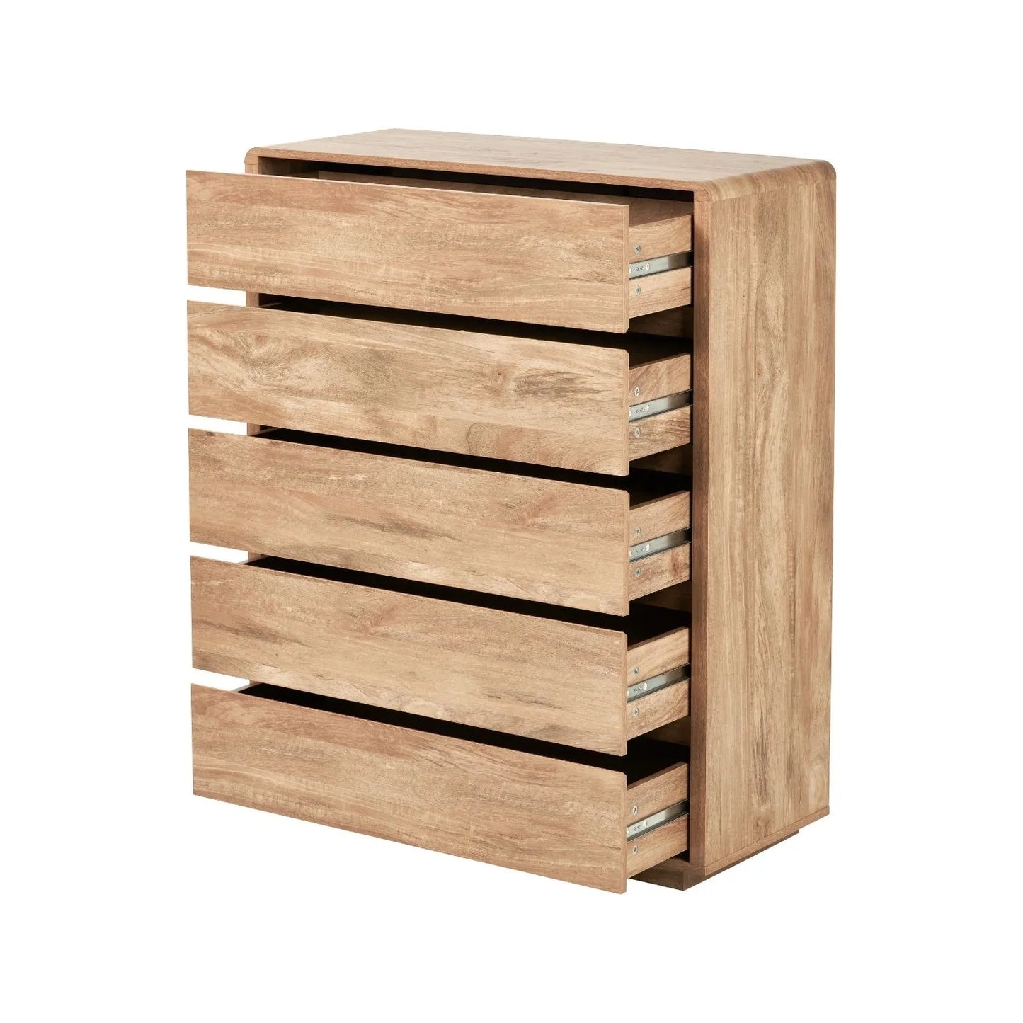 Warm Natural Oak Effect Handleless 5 Drawer Tallboy 116x95x39cm angled to the left with all five drawers open | Click Style