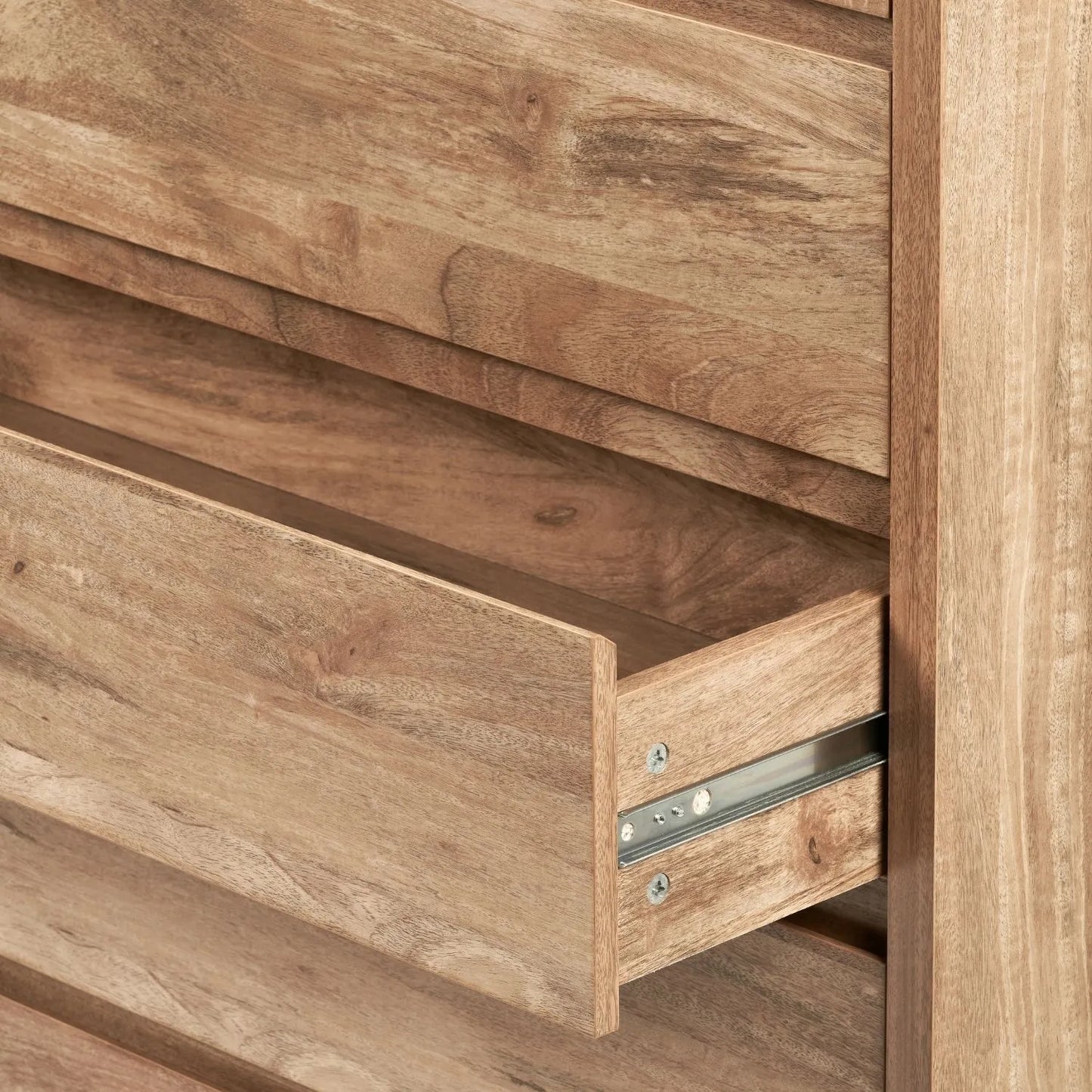 Warm Natural Oak Effect Handleless 5 Drawer Tallboy 116x95x39cm close-up of right side with open drawer and drawer runner | Click Style
