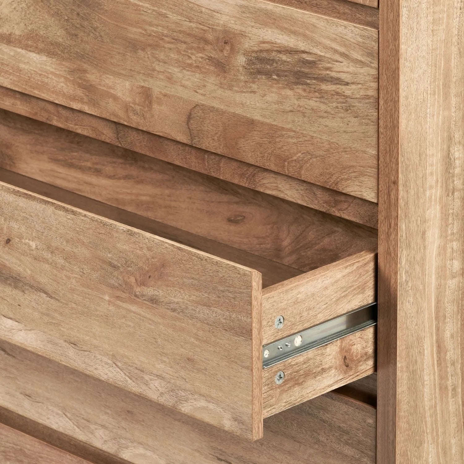 Warm Natural Oak Effect Handleless 5 Drawer Tallboy 116x95x39cm close-up of right side with open drawer and drawer runner | Click Style