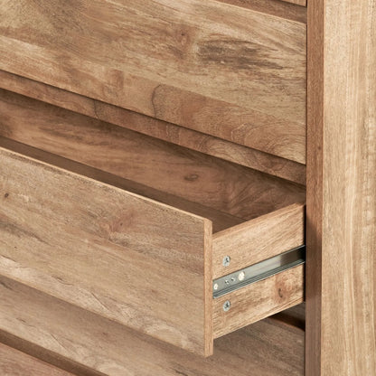 Warm Natural Oak Effect Handleless 5 Drawer Tallboy 116x95x39cm close-up of right side with open drawer and drawer runner | Click Style