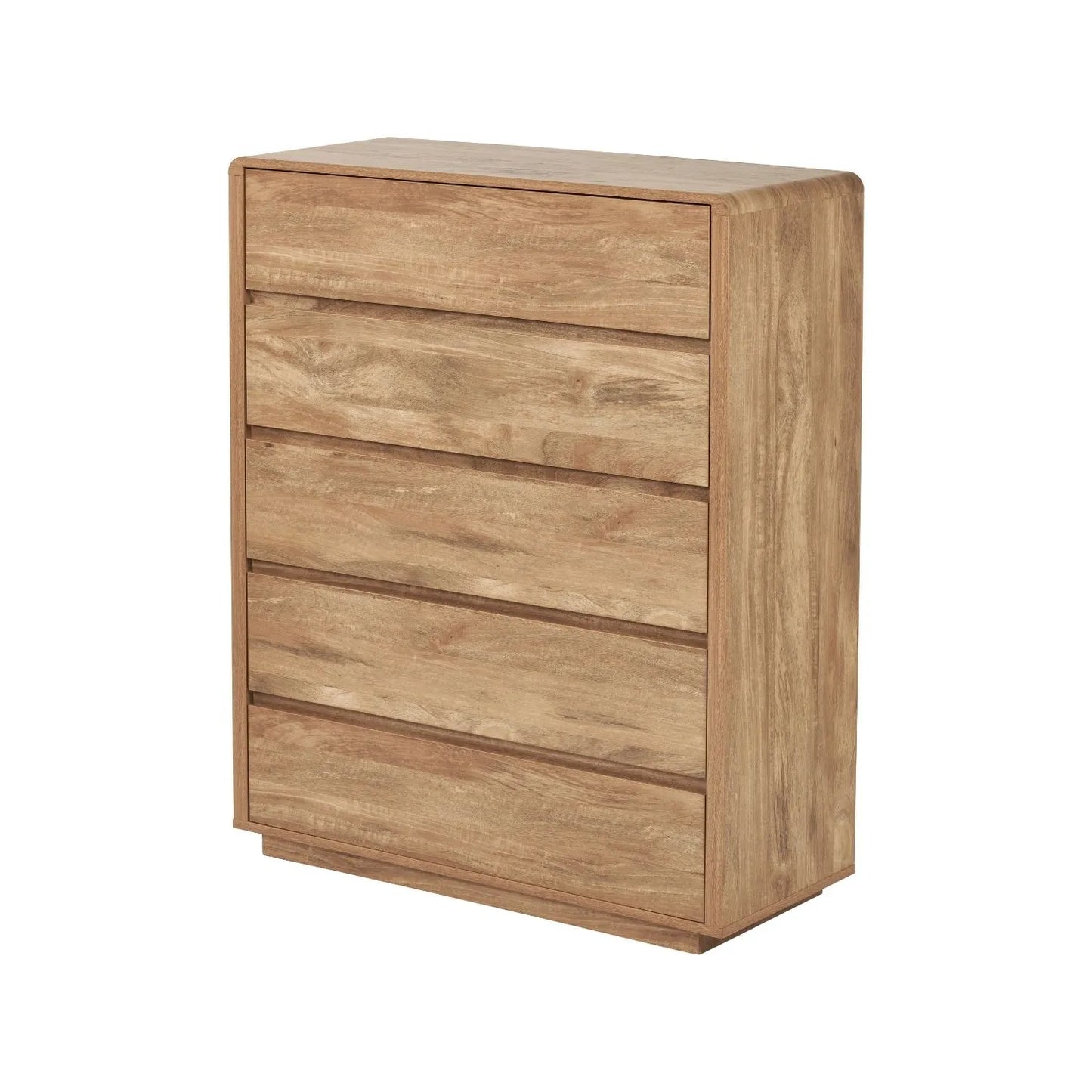 Warm Natural Oak Effect Handleless 5 Drawer Tallboy 116x95x39cm front and side view angled to the left | Click Style