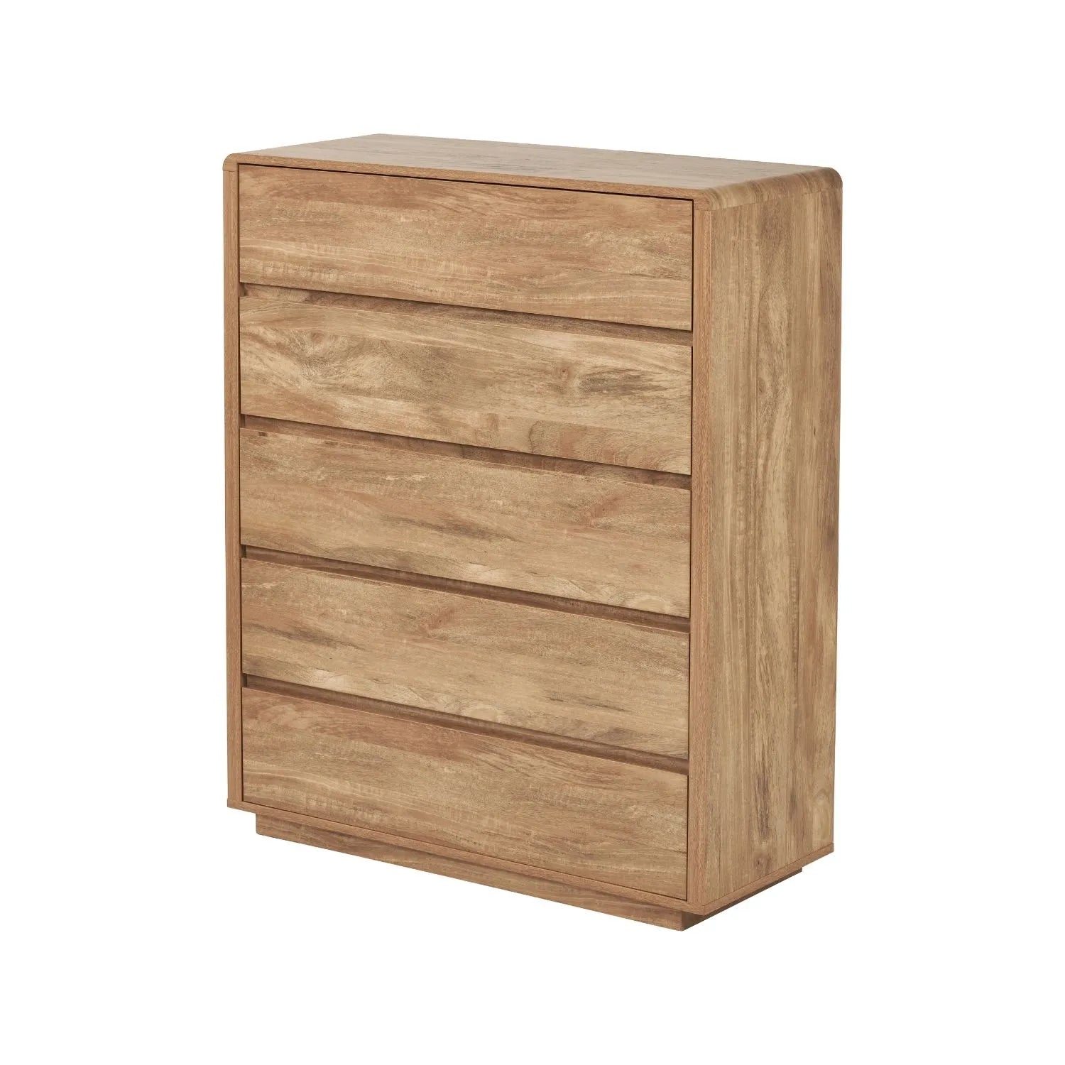 Warm Natural Oak Effect Handleless 5 Drawer Tallboy 116x95x39cm front and side view angled to the left | Click Style