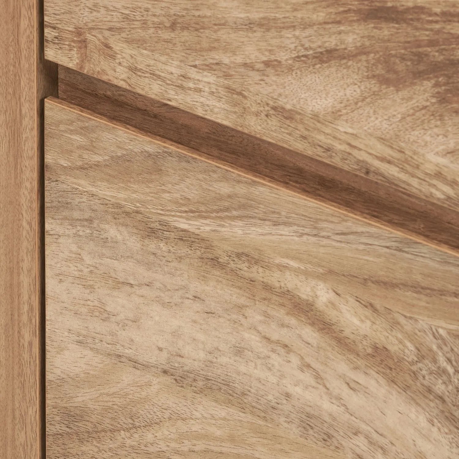 Warm Natural Oak Effect Handleless 6 Drawer Chest of Drawers close-up of left edge and drawer fronts | Click Style