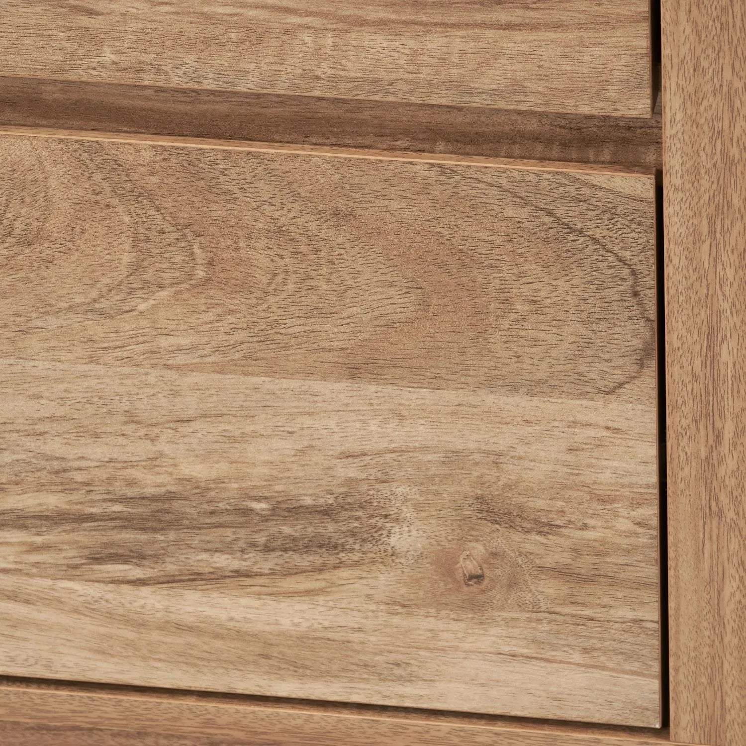 Warm Natural Oak Effect Handleless 6 Drawer Chest of Drawers close-up of bottom right drawer front | Click Style