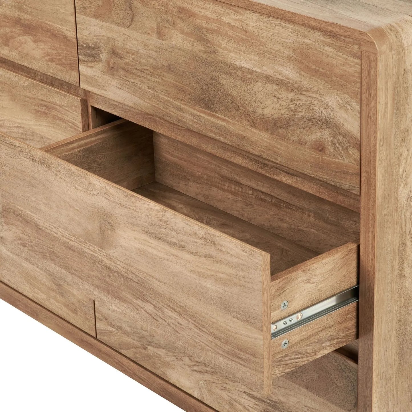 Warm Natural Oak Effect Handleless 6 Drawer Chest of Drawers close-up with middle right drawer open showing drawer runner and curved edge | Click Style