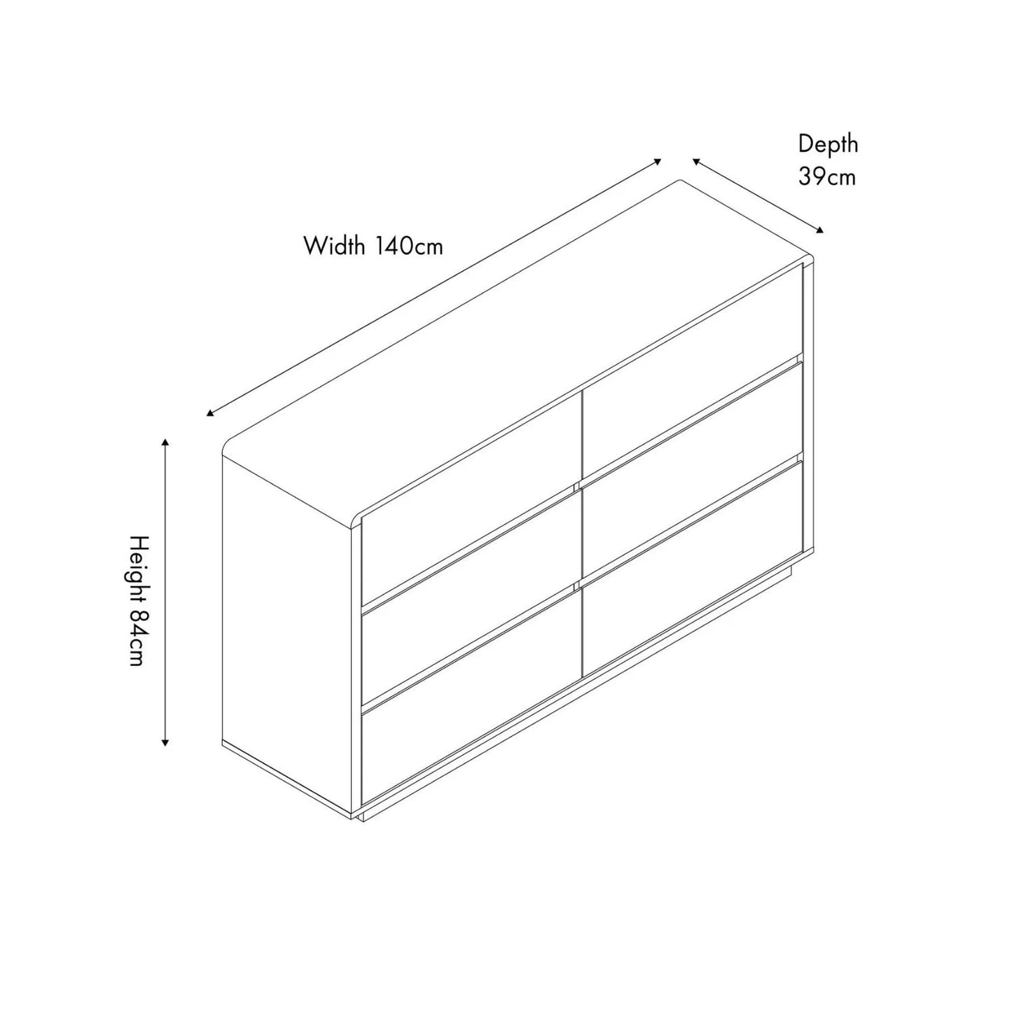 Warm Natural Oak Effect Handleless 6 Drawer Chest of Drawers dimension drawing facing right 84x140x39cm | Click Style